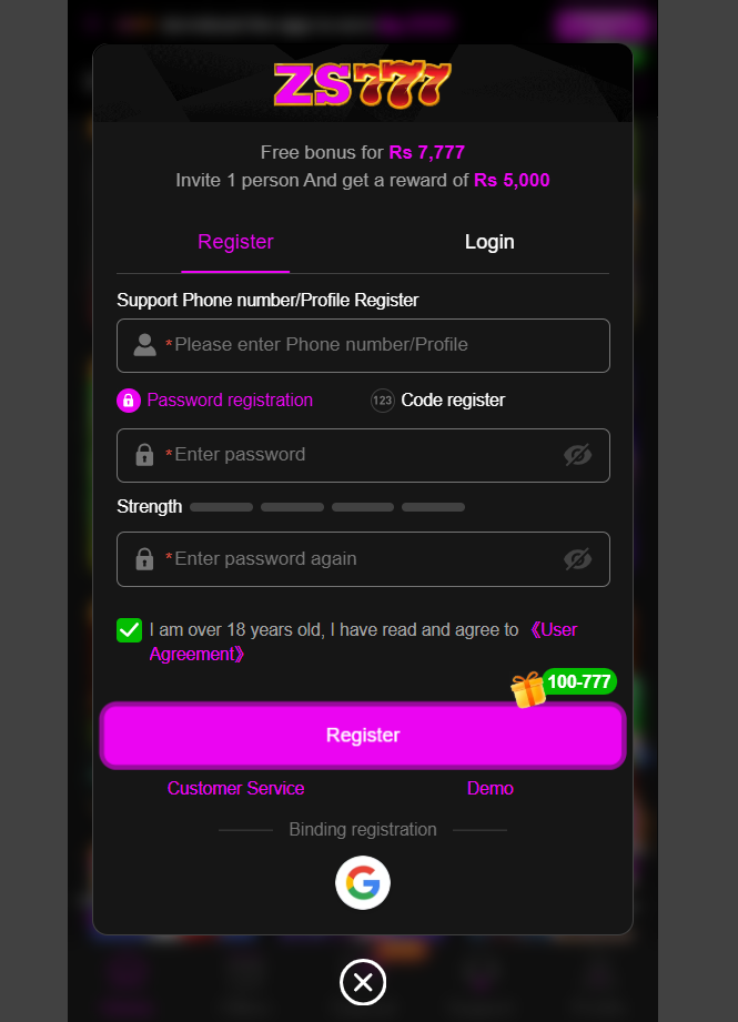 ZS777 Game Registeration
